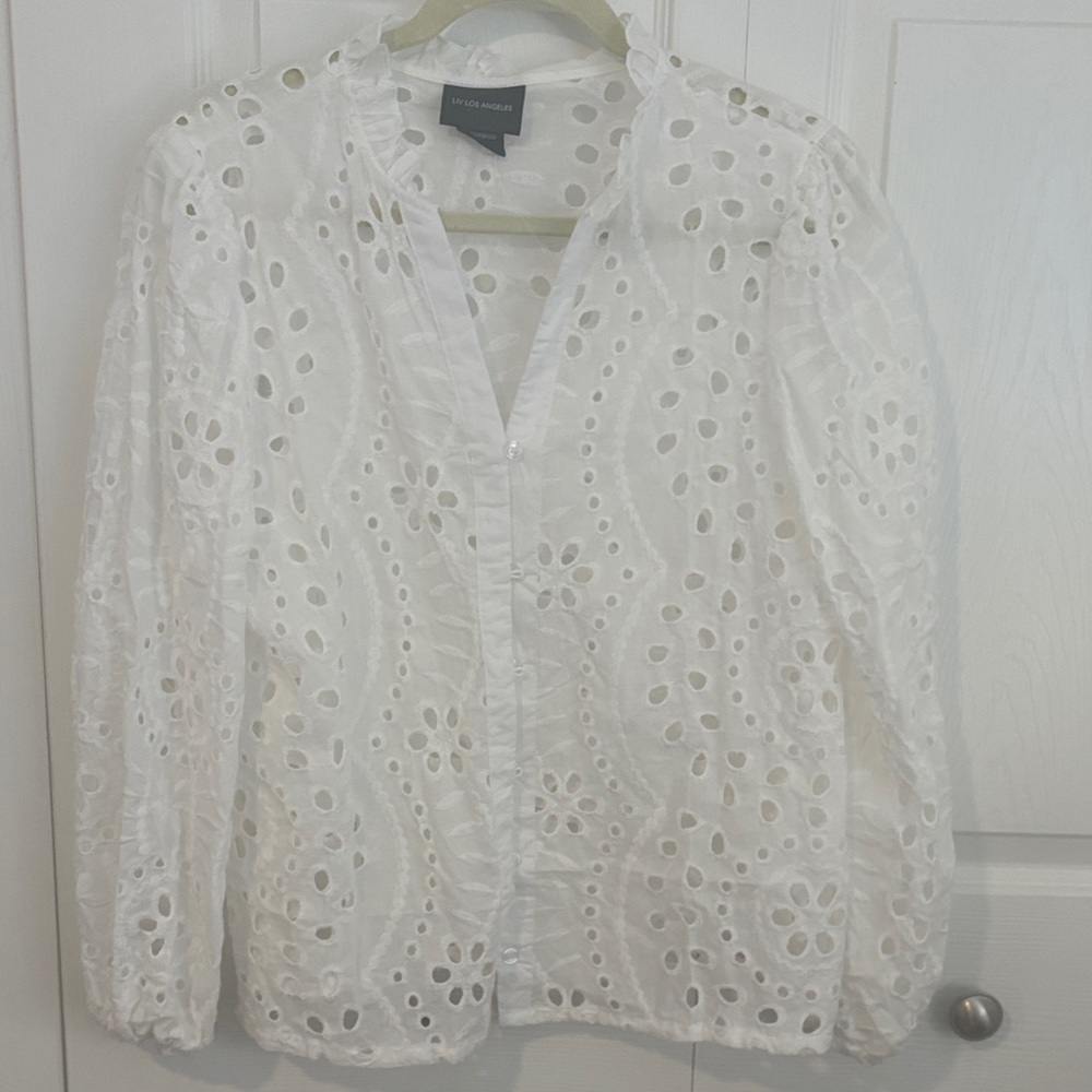 White Eyelet V Neck Blouse